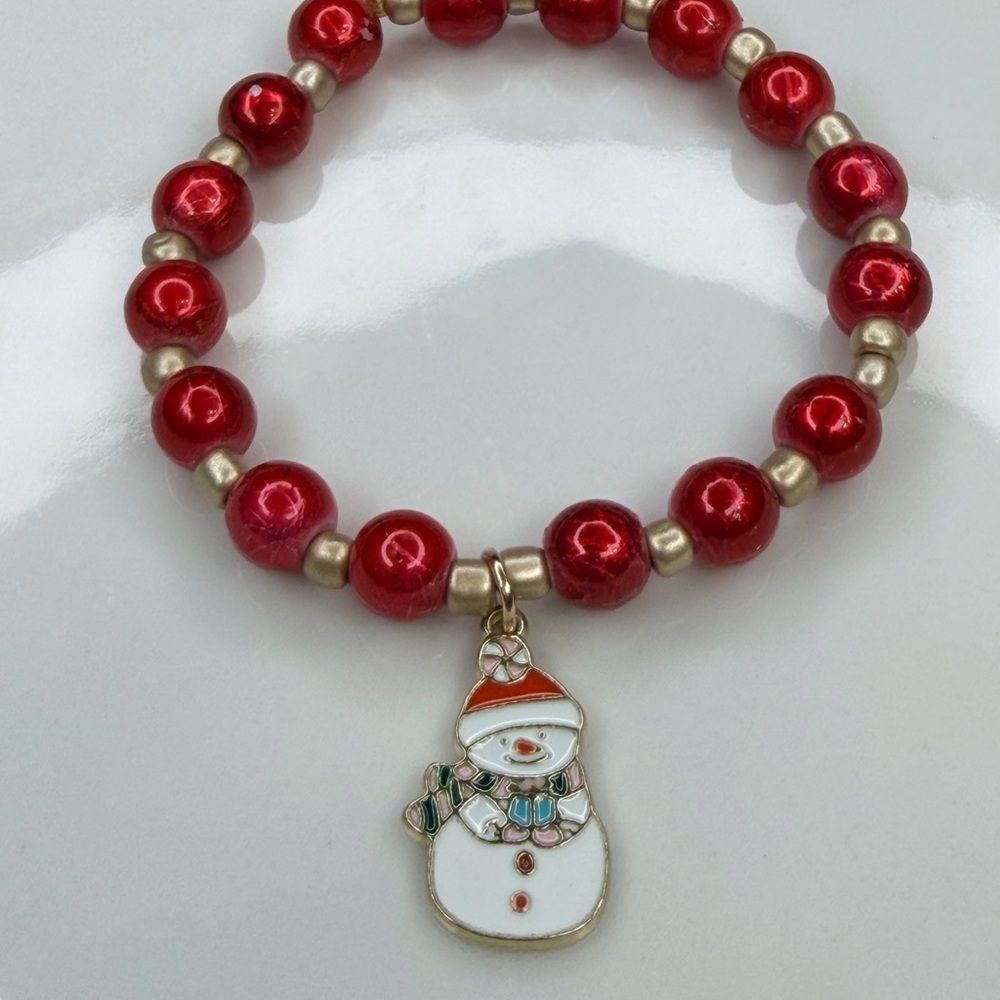 Snowman Charm Christmas Bracelet | Red Holiday Beaded Bracelet | Handmade